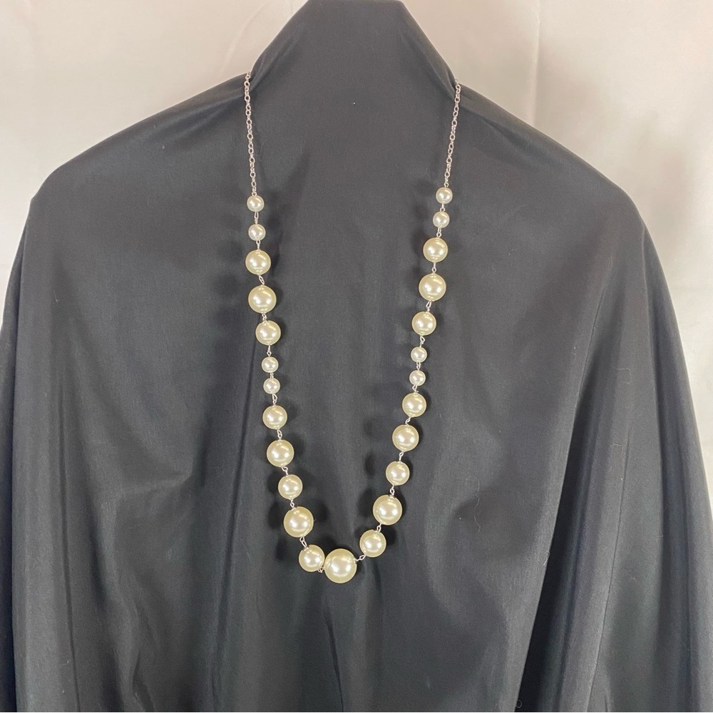 Long Faux Pearl Statement Necklace Silver Chain 36-39”